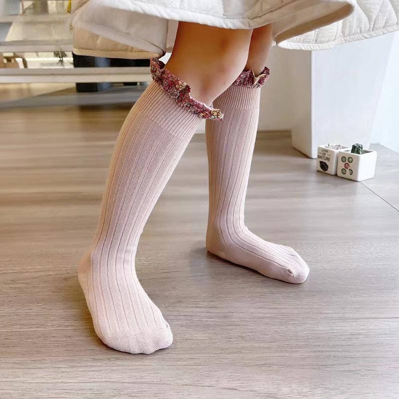 

Гольфы для детей с оборками, длинные мягкие хлопковые носки для маленьких девочек, кружевные носки с цветочным узором для детей, школьная форма L