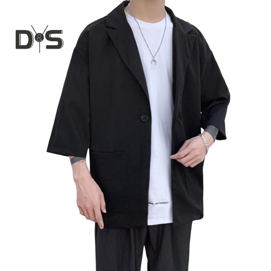 

Мужской пиджак, однотонный, весна-лето, пиджак с одной пуговицей, лацкан, рукав 3/4, свободный крой, повседневная деловая верхняя одежда M чёрный