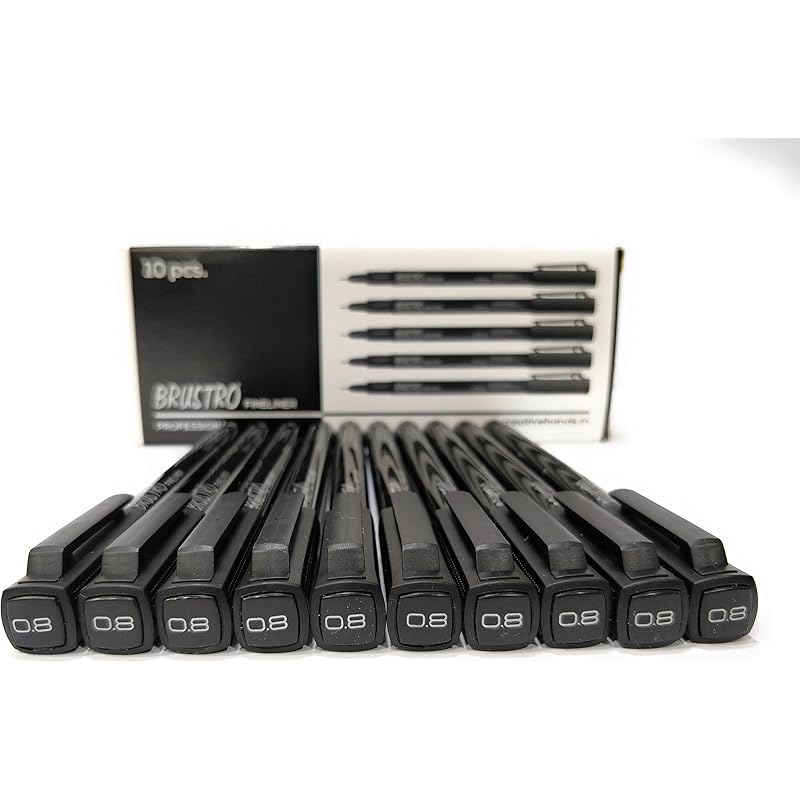 Brustro Professional Pigment Based Fine Liner Box Of 10 (Tip Sizes Of 0.8 Mm, Black And Archival Waterproof Uv Resistant