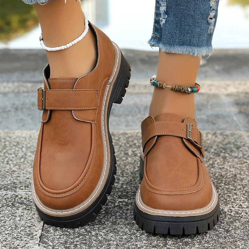 Fashion British Style Brown Pu Leather Loafers for Women Vintage Buckle Strap Platform Shoes Woman Thick Sole Anti Slip Casual Shoes