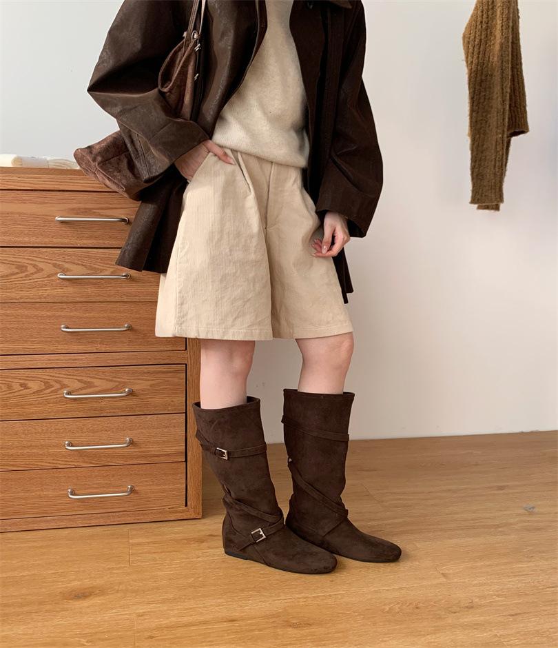 2025 Autumn High-quality Handmade Stacking Boots But Knee Round Head Boots Inner Height Increase Relaxation Suede Boots Women