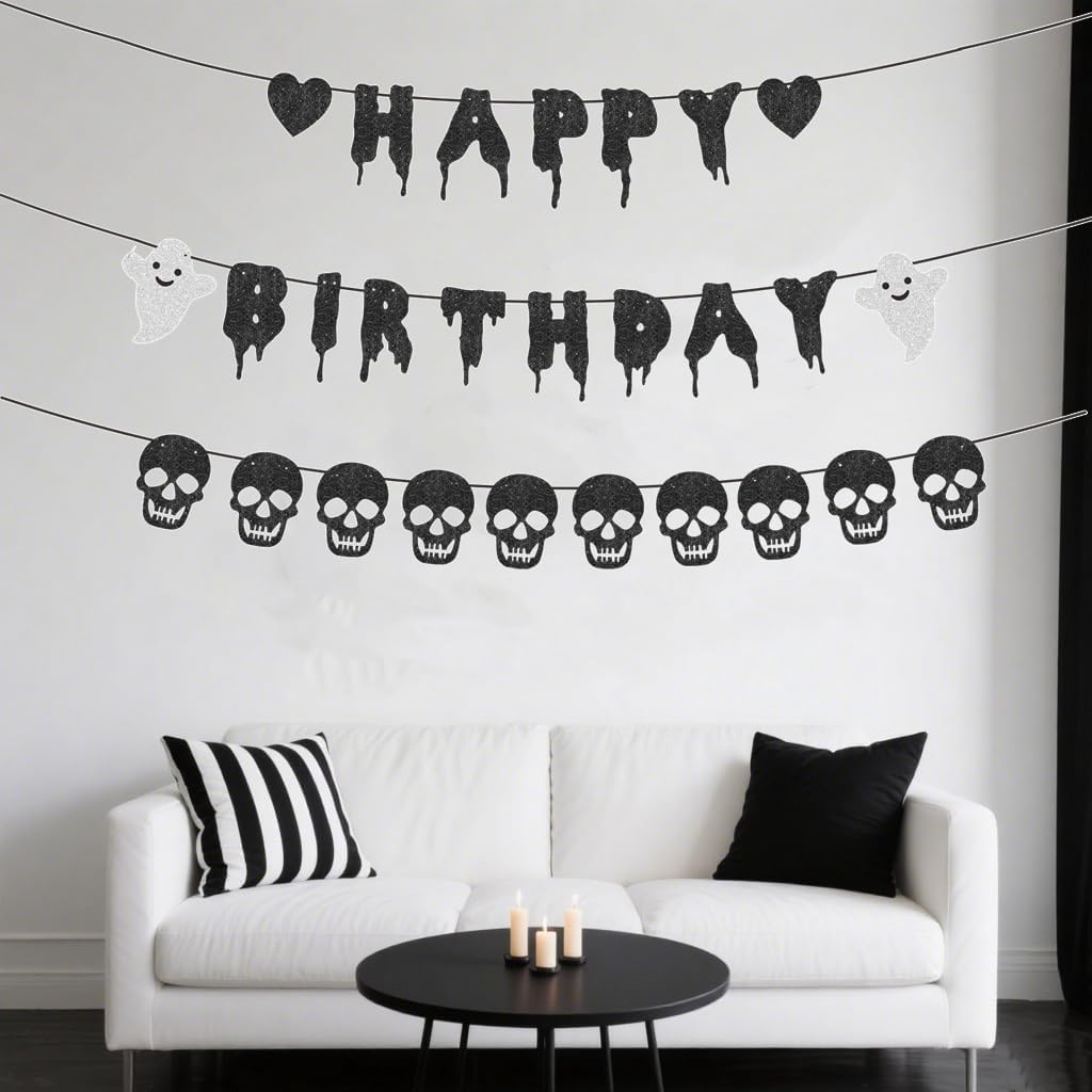Halloween Birthday Party Decorations - Black Glitter Happy Birthday Banner with Black Heart Skull Garland