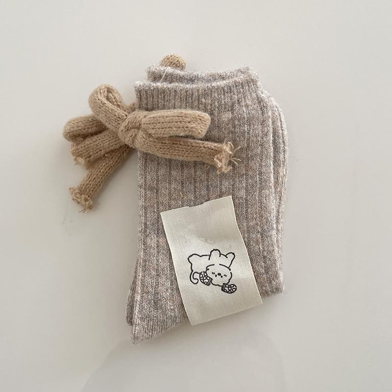 SP&CITY Korean Cartoon Embroidery Wool Socks Women's White Bow Stripe Plush Middle Tube Socks Winter Breathable Thickned Socks