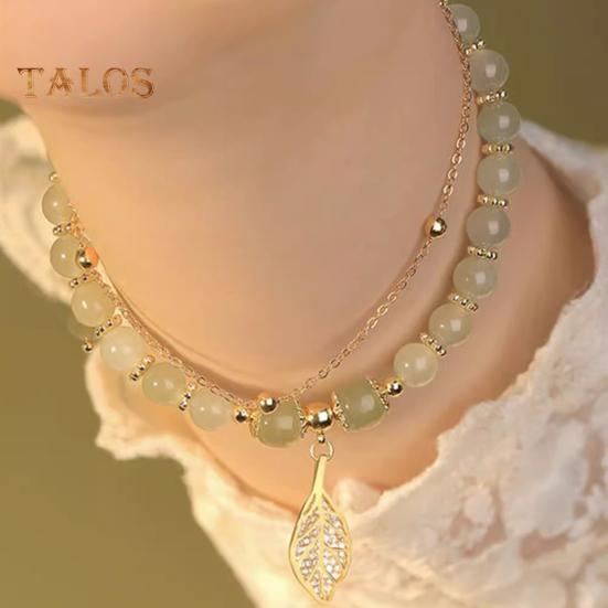 Women Bracelet Faux Jade Smooth Bead Leaf Pendant Double-layered Adjustable Length Rhinestone Lady Bangle Prom Daily Wrist Jewelry