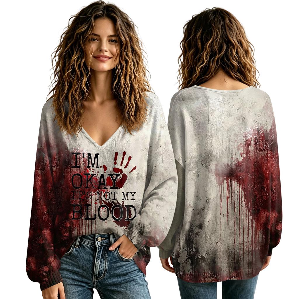 Women's V-Neck Halloween Fall Top for Seasonal Celebrations Comfortable Everyday Shirt