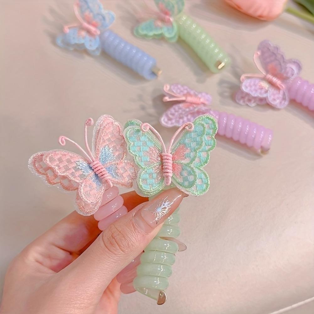 4/2 Pcs/set Mixed Colour Butterfly Telephone Wire Hair Rope,Girl's Elastic Hair Accessories Spiral Hair Rope Set Cute and Sweet