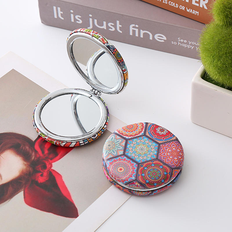 High Quality Double Sided Folding Round Pocket Mirror Colorful Art Deco Style Glass Metal Frame Customizable Logo