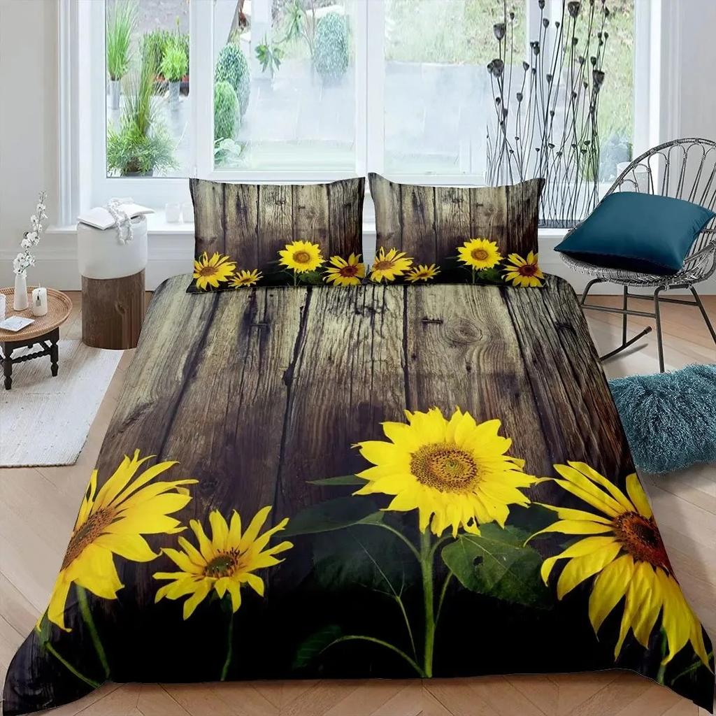 Sunflower Duvet Cover Set Full Size for Girl Yellow Flower Bedding Set Botanical Floral Comforter Cover on Teal Wood Quilt Cover