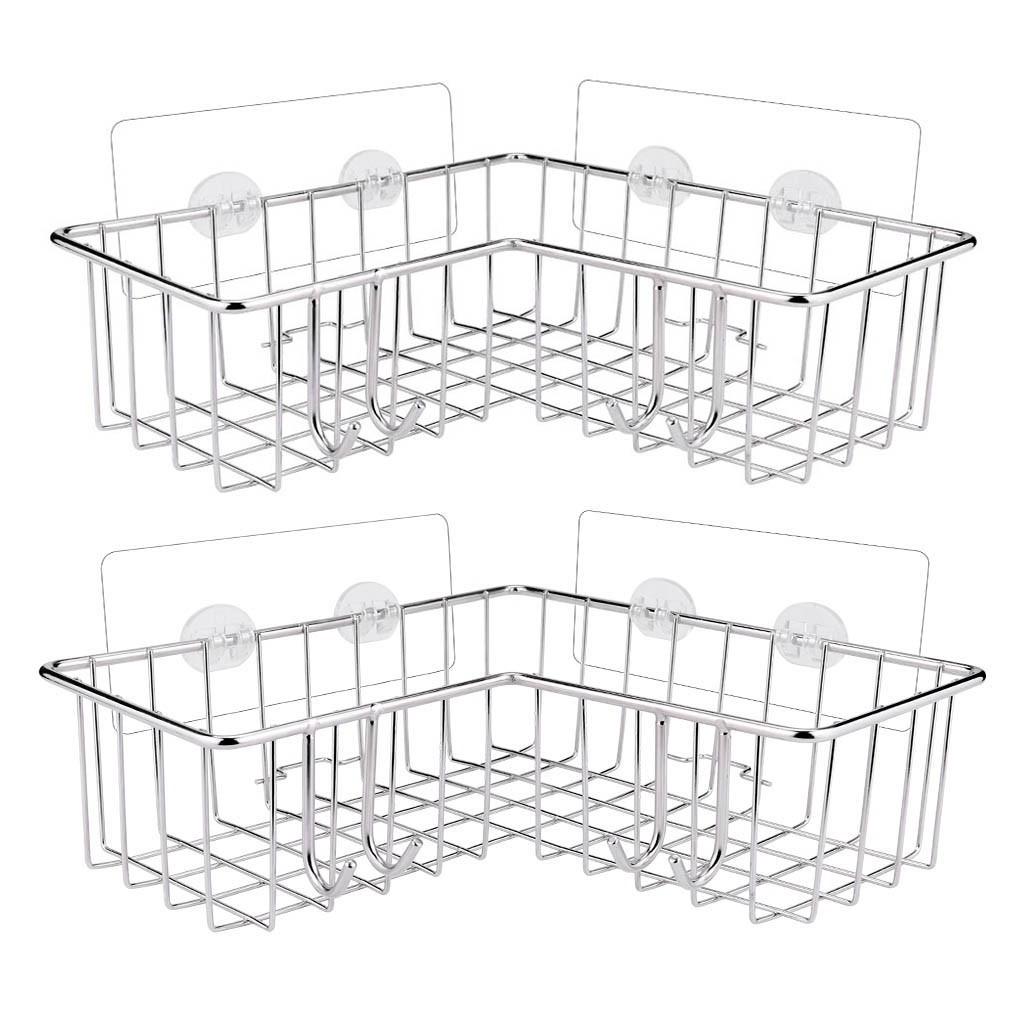 Adhesive Eco-Friendly Dual Tier Stainless Steel Bathtub Caddy Wall Mounted No Drill Bathroom Basket Storage Shower Shelf Corner