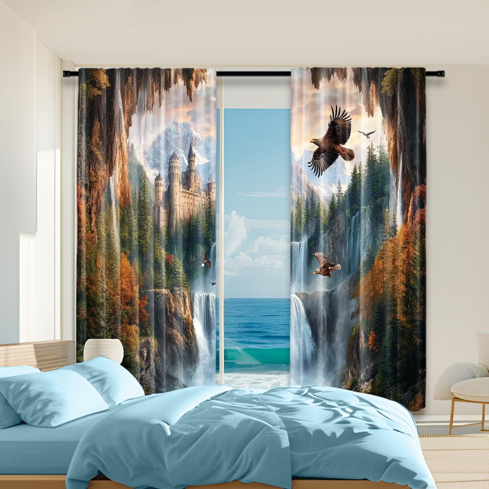 

Versatile Polyester Transparent Curtains Home Decoration Cliff Castle Rainforest Waterfall Wild Bear Eagle Use Curtain Set Of 2 Made Washable W100*H70(CM)-Rod Pocket&2PCS