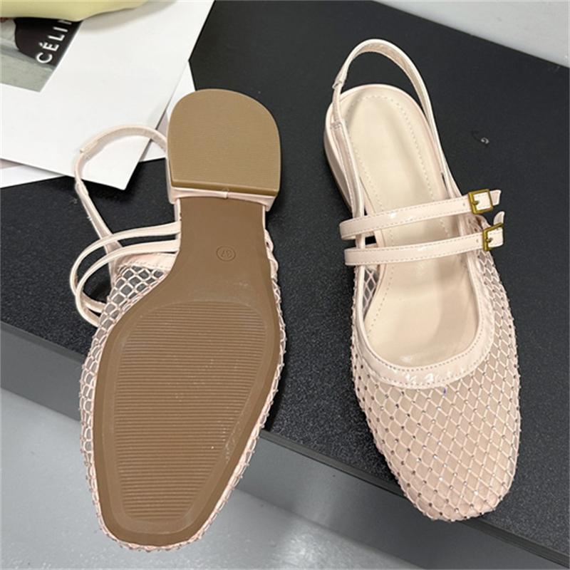 Eilyken Summer Crystal Square Low Heels Buckle Strap Woman Sandals Elegant Cosy Breathable Holes Mesh Banquet Shoes