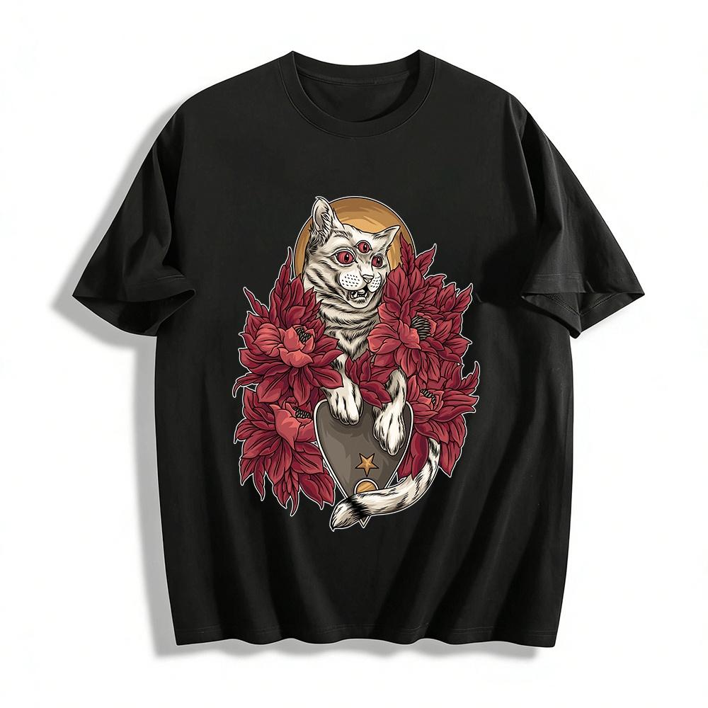 Occult Three-Eyed Cat Dark Red Floral Print Gothic Casual Tee Pure cotton T-shirt XXS