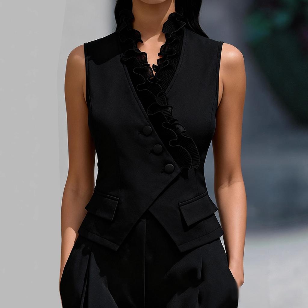 Spring European and American temperament elegant edge vest slim sleeveless V-neck commuter women's clothing