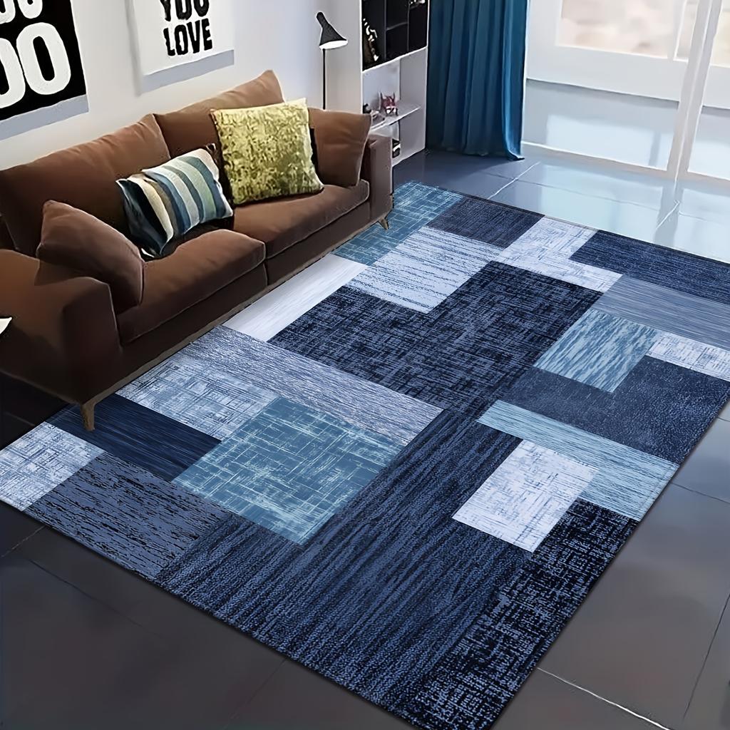 Modern Geometric Blue Grey Wood Grain Rug, Abstract Linear Pattern Non-Slip Floor Mat, Washable Decor Carpet for Living Room