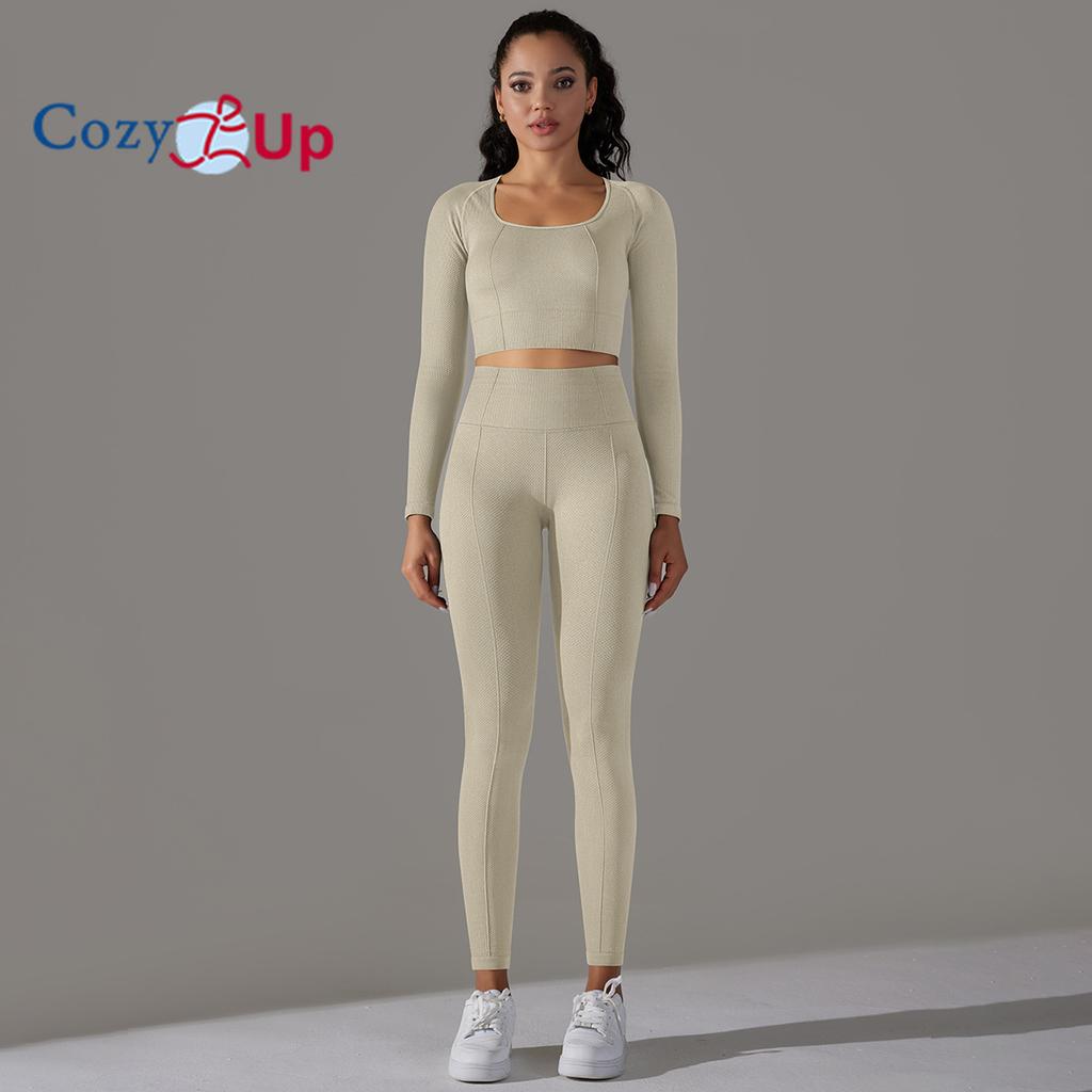 Cozy Up Workout Sets for Women 2 Piece Yoga Gym Outfits Seamless Ribbed Leggings with Long Sleeve Tops