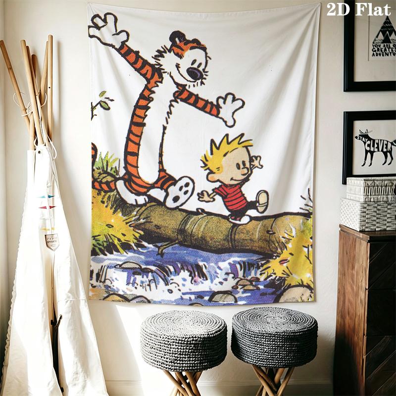 Calvin and Hobbes Wall Tapestry Aesthetic Wall Hanging Printed Fabric Blanket Decorative Tapestries for Bedroom Living Room Home Decor
