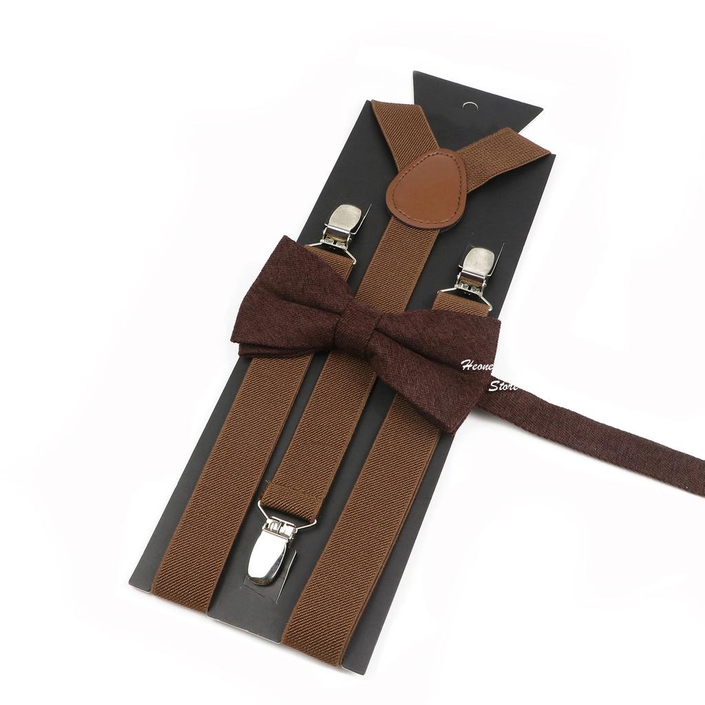 Men Kids Yellow Khaki Brown Suspender Bowtie Set Elastic Adjustable Y-Back Braces Straps Daily Father-Child Braces Accessory