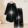 Women Plus Size Black Round Neck Long Sleeve Star Printed High Low Top Wide Leg Pants Two Piece Set
