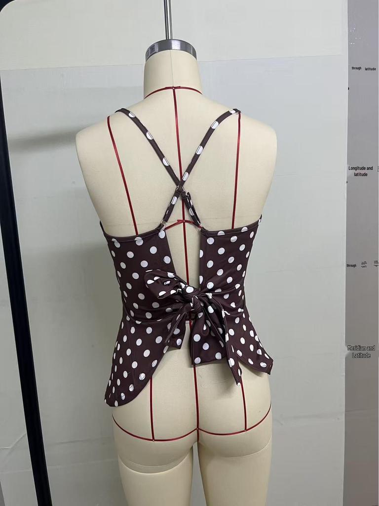 Women's European & American Spicy Girl Polka Dot Camisole with Tummy Coverage and Butterfly Knot Back