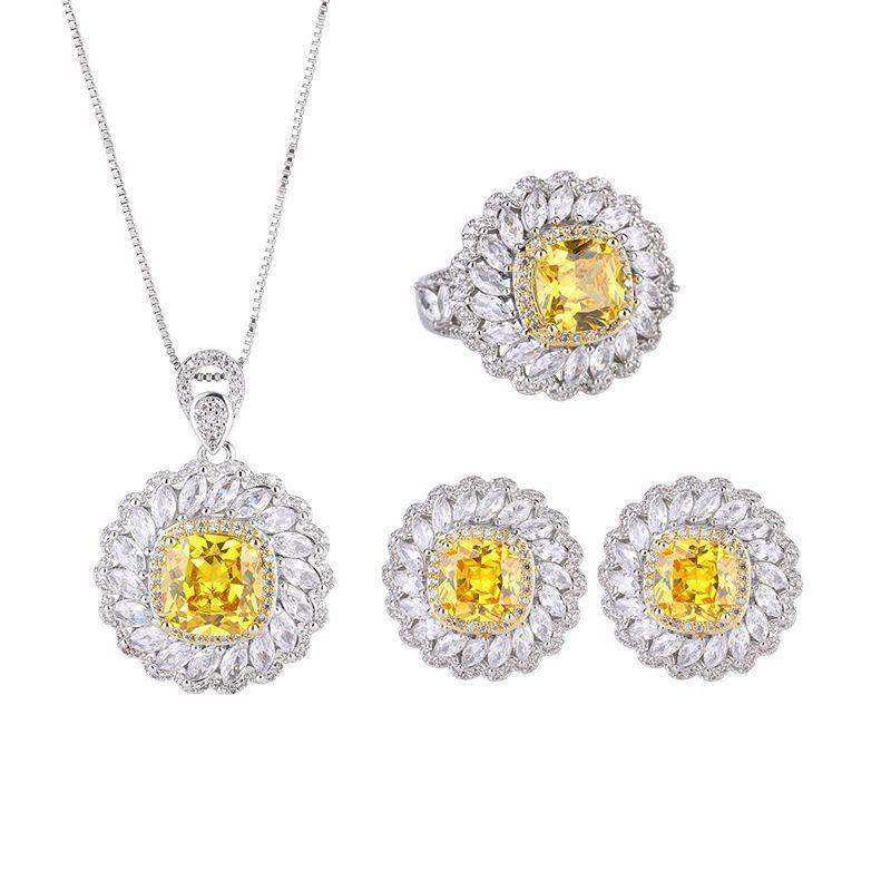 Jewelry Style Retro Imitation Yellow Diamond Square Luxury Inlaid Pendant Earrings Ring Jewelry Set