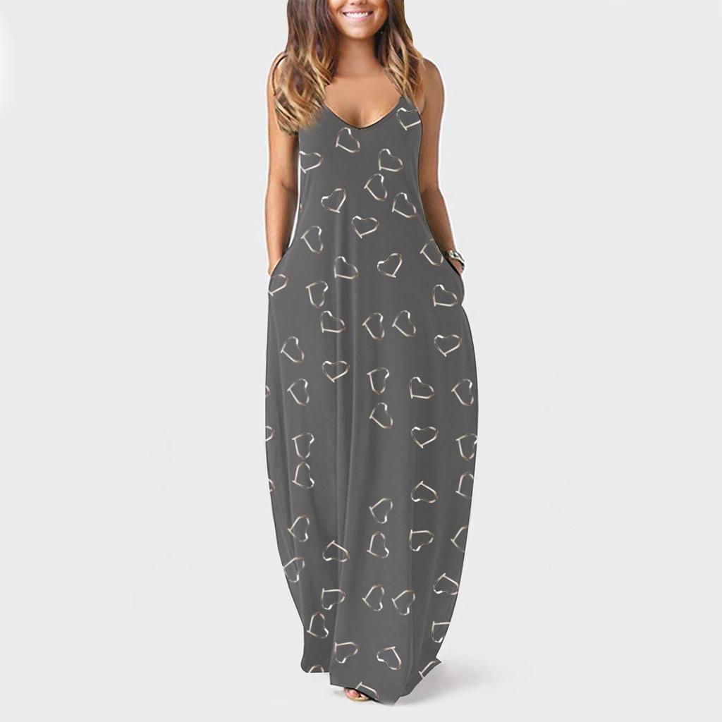Women Fashion Large Size Print Sexy Deep V Sling Long Skirt Casual Dress
