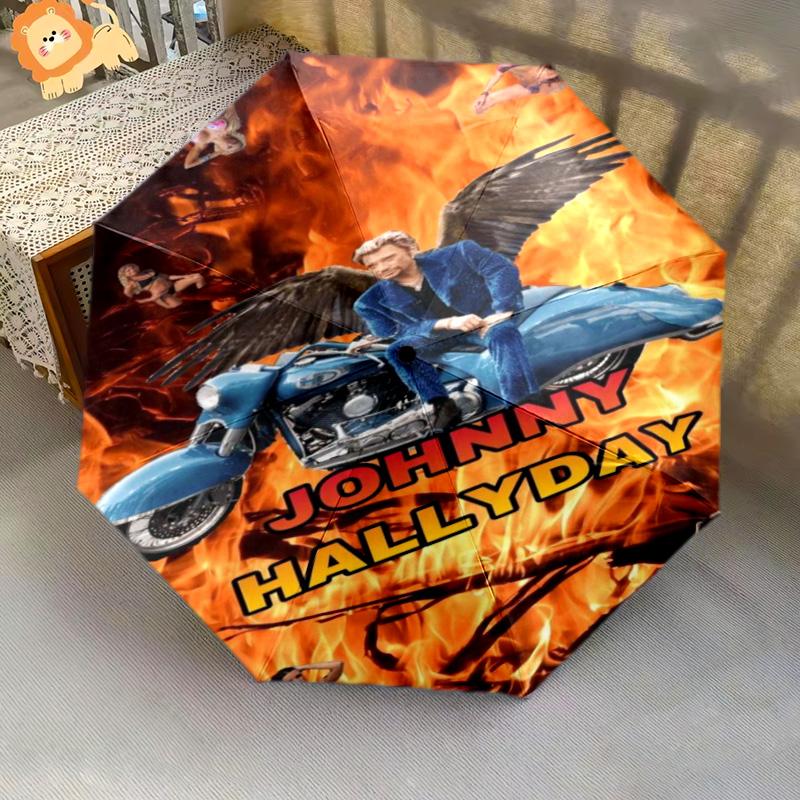 1pc Johnny Hallyday Pattern Umbrella Portable Folding Umbrella Iron Frame Hole Bone Structure Outdoor Home Umbrella