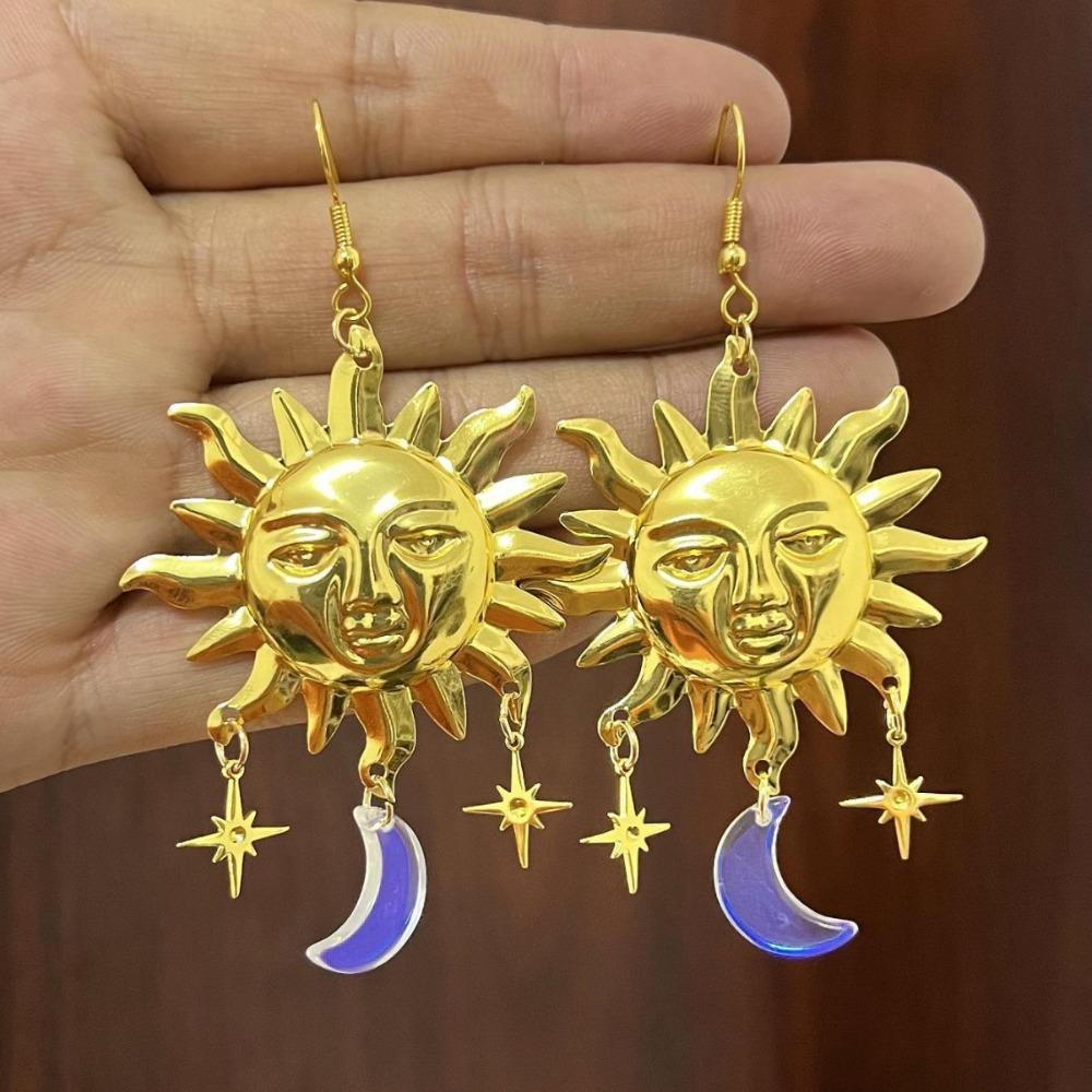 Creative Exaggerated Purple Crystal Relief Human Face Sun Moon Star Dangle Earrings for Woman Bohemia Artistic Jewelry Accessory