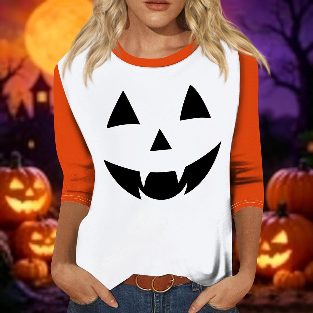 Women's Casual Halloween Print Three Quarter Sleeve Round Neck Top Lightweight Soft Fabric Comfortable Fit Seasonal Shirt