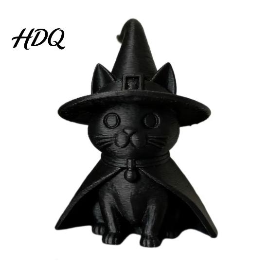 Themed Party Photo Props Gothic Witch Hat Black Cat Figurine, 3D Printed Wizard Cloak Kitten Small Sculpture for Study Room Statue, Spooky Cute