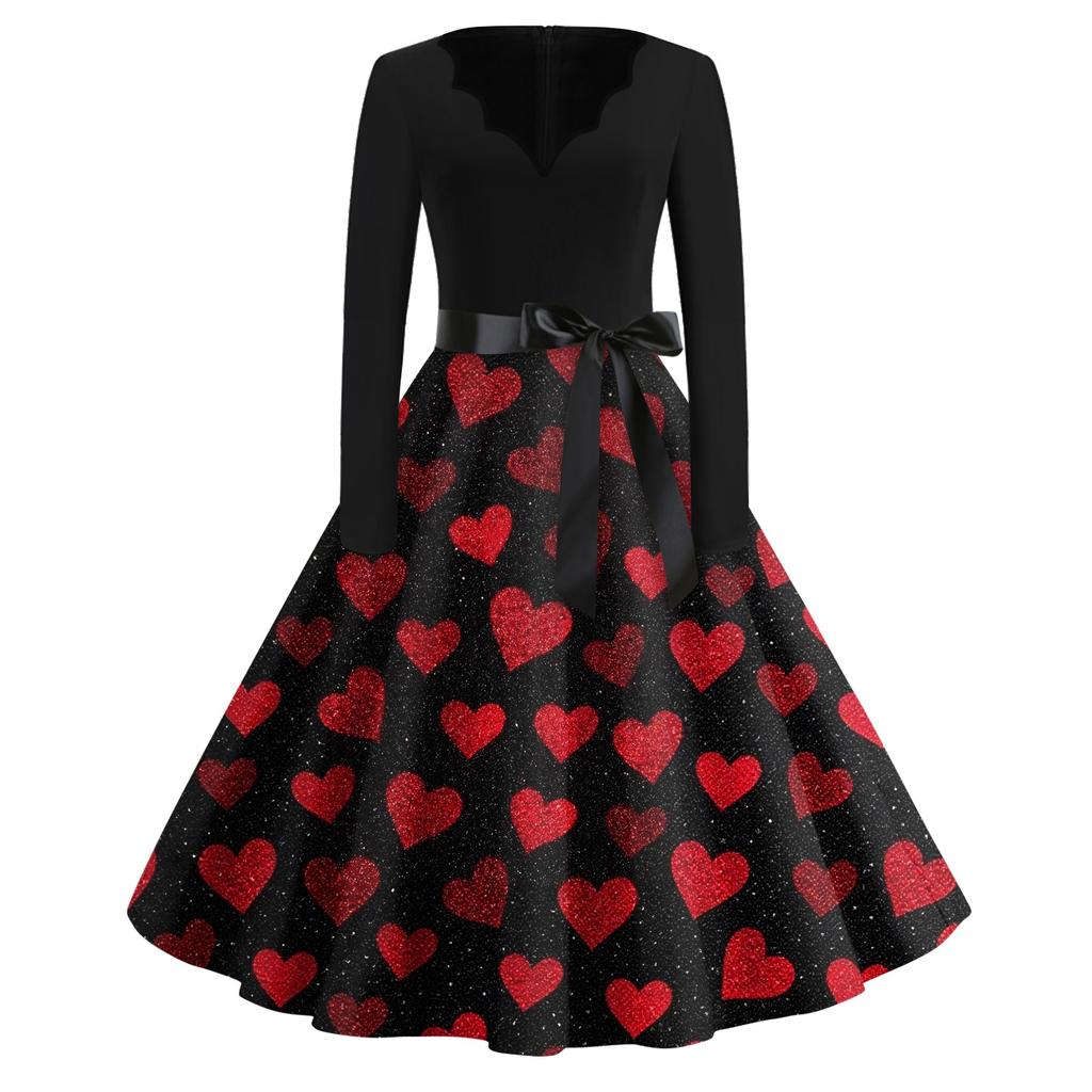 Print Flare Dress For Women Long Sleeve Dress Hollow Party Casual Dresses