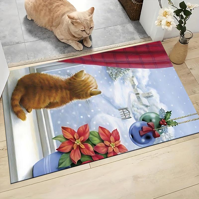 Cat Snowy Scene Carpet Rug Soft Washable Anti Slip Home Living Room Sofa Mats Personalized Christmas Rug