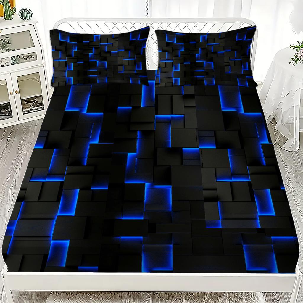 Neon Red Fitted Sheet 1pc Geometric Cube Plaid 3D Printed 100% Polyester Energy Checkered Flat Sheet Set Gifts For Teen Adult