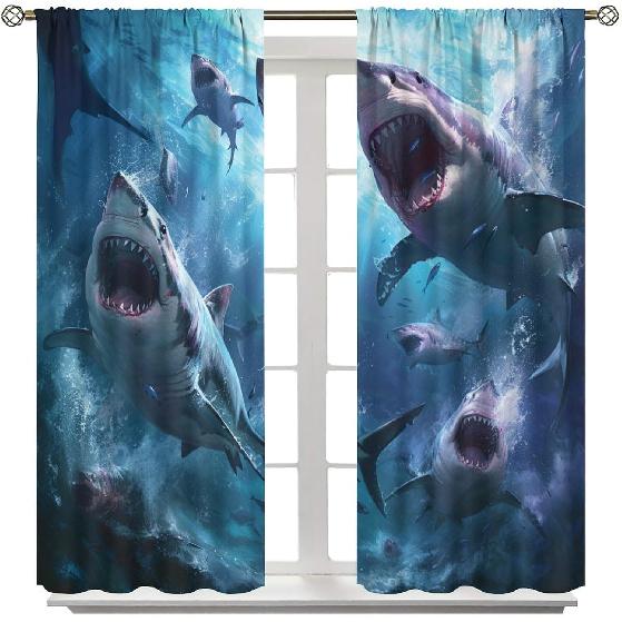 Shark Themed Curtains, Sea of Ferocious Sharks, Spectacular Sea Animal Shark Landscape Decorated Curtains, Boy Personality Room Decorated Rod Pocket