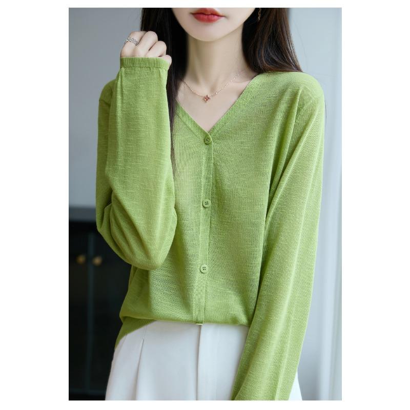 Women S V Neck Thin Knit Cardigan Summer Solid Color Sun Protection Casual Top