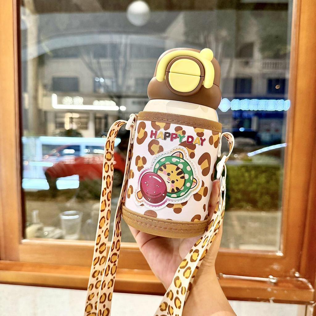 Cartoon Kids Thermos Cup with Sleeve, 316 Stainless Steel, Anti-Fall Straw, Portable & Cute for Students