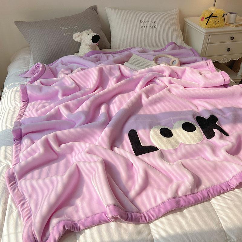 Solid Thick Cartoon Towel Embroidered Blanket Double Layer Warm Milk Velvet Sofa Cover Cozy Breathable Bedspread for Adult Kids