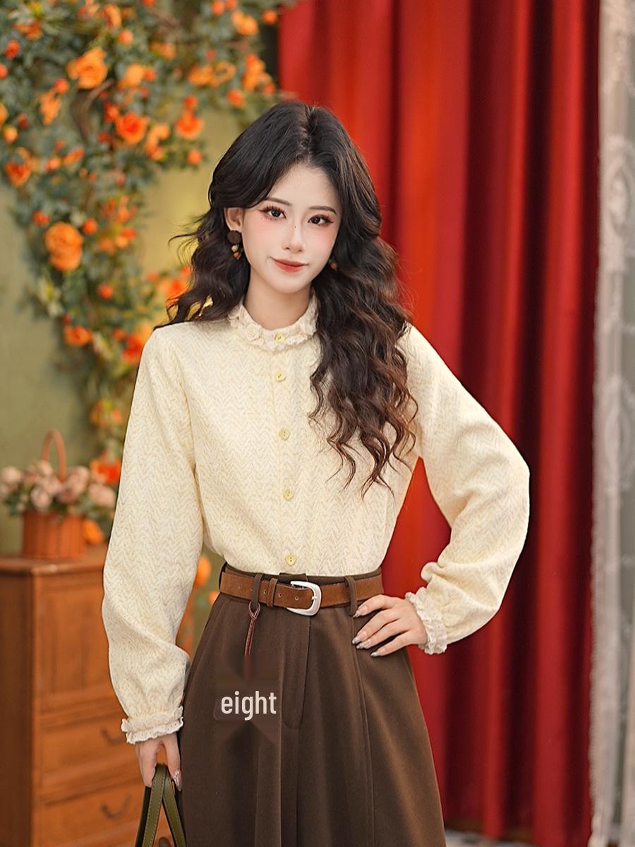 Zhang Jiayuan Hu Ling 2025 Autumn/Winter Retro Long Sleeve Slim Fit Shirt #W14826 S абрикосовый