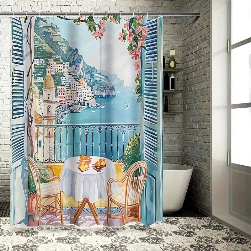 Scenic Coastal View Shower Curtain European Style Waterproof Heat Resistant Machine Washable Suitable for Wet and Dry Separation
