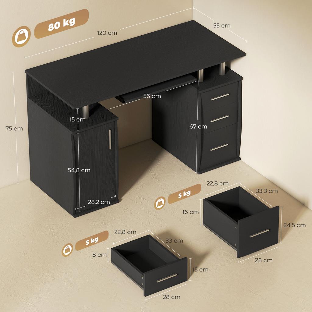 Computer Desk, 120 x 55 cm, Keyboard Tray, 3 Drawers, Black