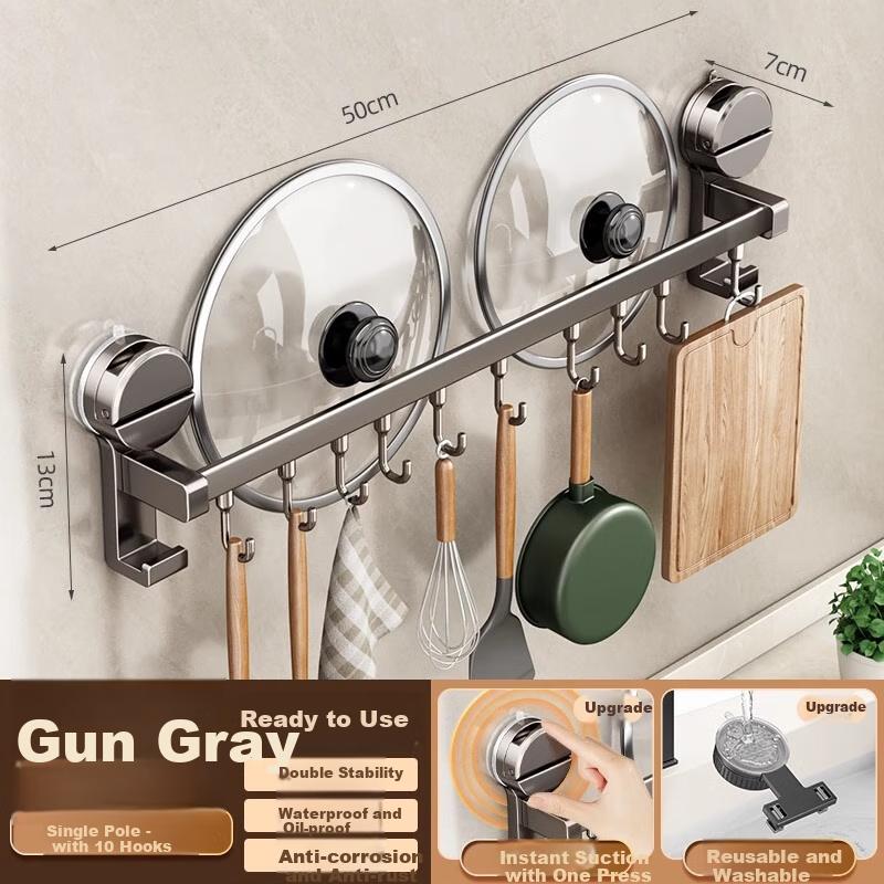 Suction Cup Kitchen Hooks, Multifunctional Storage Rack, No Drilling Required, Hanging Rod for Pot Lids, Spoons, Spatulas, Knife Holder