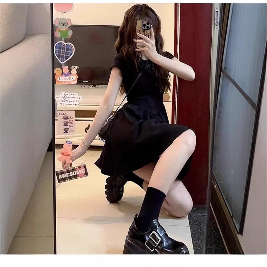 French Hepburn style black dress children s summer new small black dress waist thin short skirt S чёрный