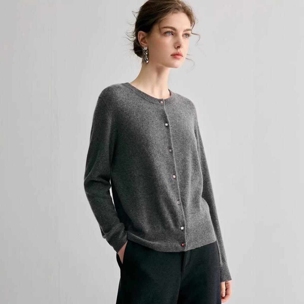 Women's 100% Pure Cashmere Round Neck Knit Cardigan - Loose, Versatile, Solid Color, Long Sleeve, Warm Autumn/Winter Outerwear
