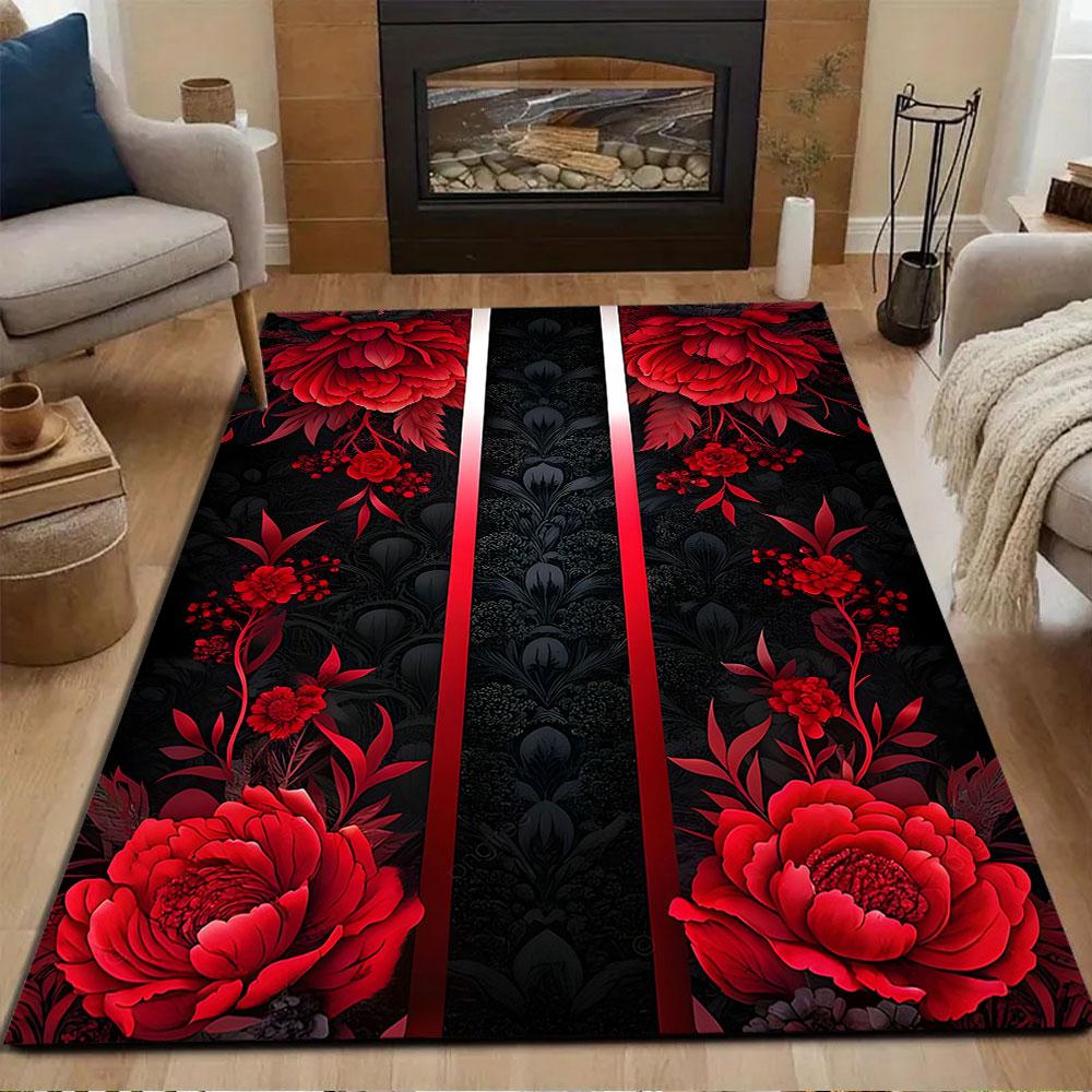 Elegant Red Floral Design On Black Patterned Carpet, Non Slip Mat Suitable for Living Room and Bedroom Sofas