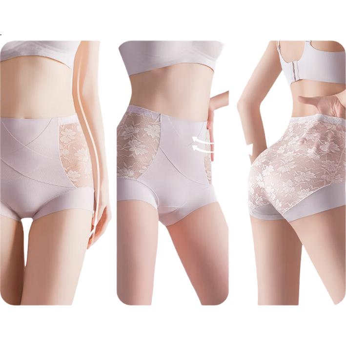 GRACEWELL Women's High-Waisted Tummy Control Panties with Antibacterial Cotton Crotch, Butt-Lifting Breathable Lace Shorts, Skin+Purple XL