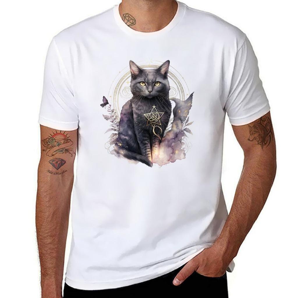 Watercolor Witchy and Gothic Cat Magical Feline Art TShirt Soft Cotton Print TShirt