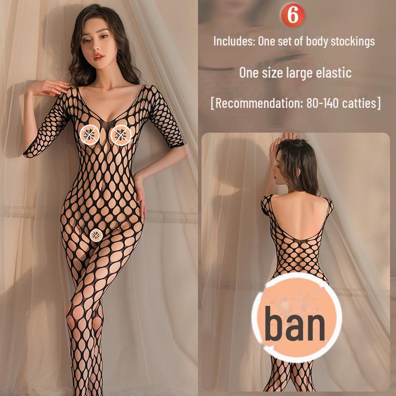 Erotic Black Mesh One-Piece Lingerie Set with Open Stockings - Tempting and Sexy