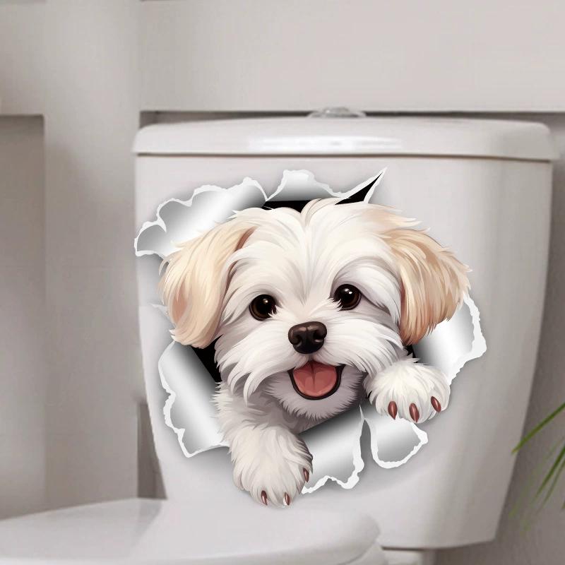 Cute Broken Hole Puppy Toilet Cover Sticker Creative Self-adhesive PVC Decal for The Bathroom Animal Dog Removable Home Decor