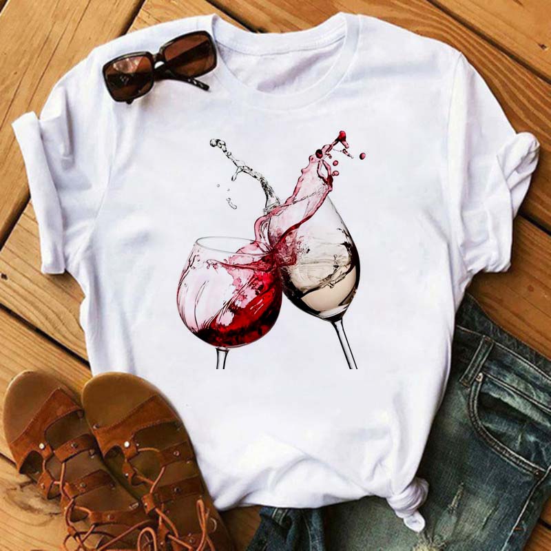 New Women T-Shirt Casual Short Sleeve T Shirt Women's Fashion Rose Red Wine Glass Printed Black T-Shirt Female Tops Tees
