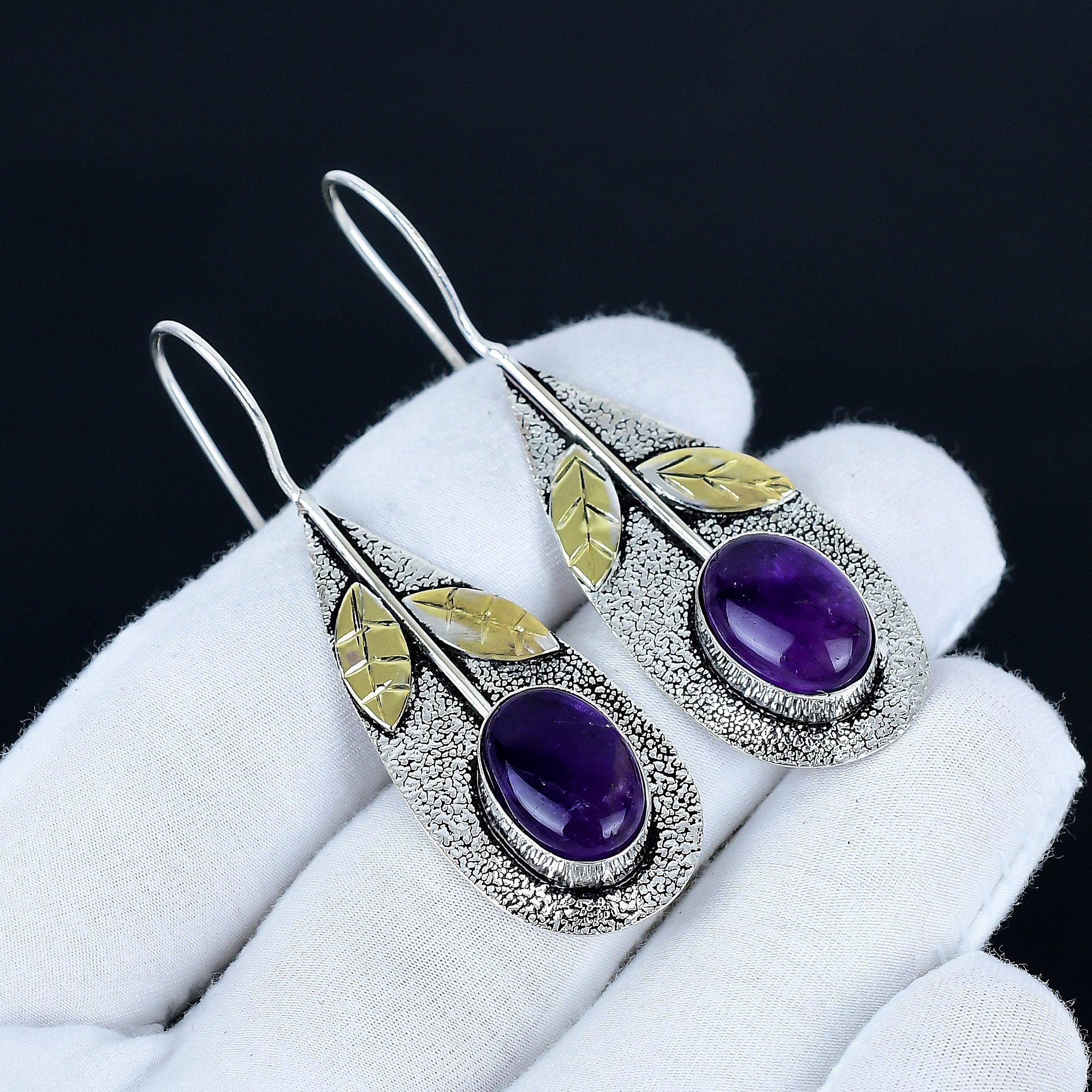 Amethyst Gemstone Earrings, 925 Sterling Silver Earrings, Handmade Silver Earrings For Gift, Amethyst Dangle Earrings Party Wear Gift 6 Cm