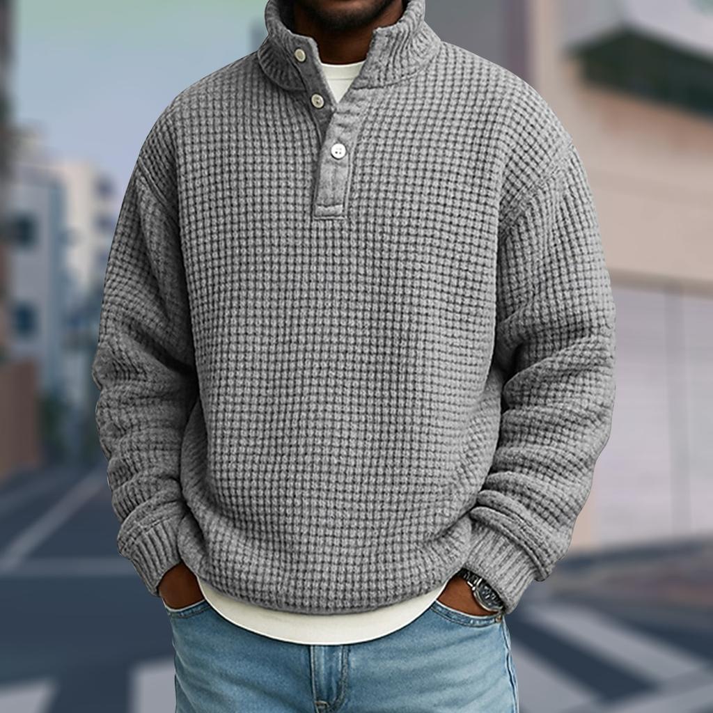 Men's Casual Stand-Up Collar Long-Sleeve Top Color Button-Down Sweatshirt